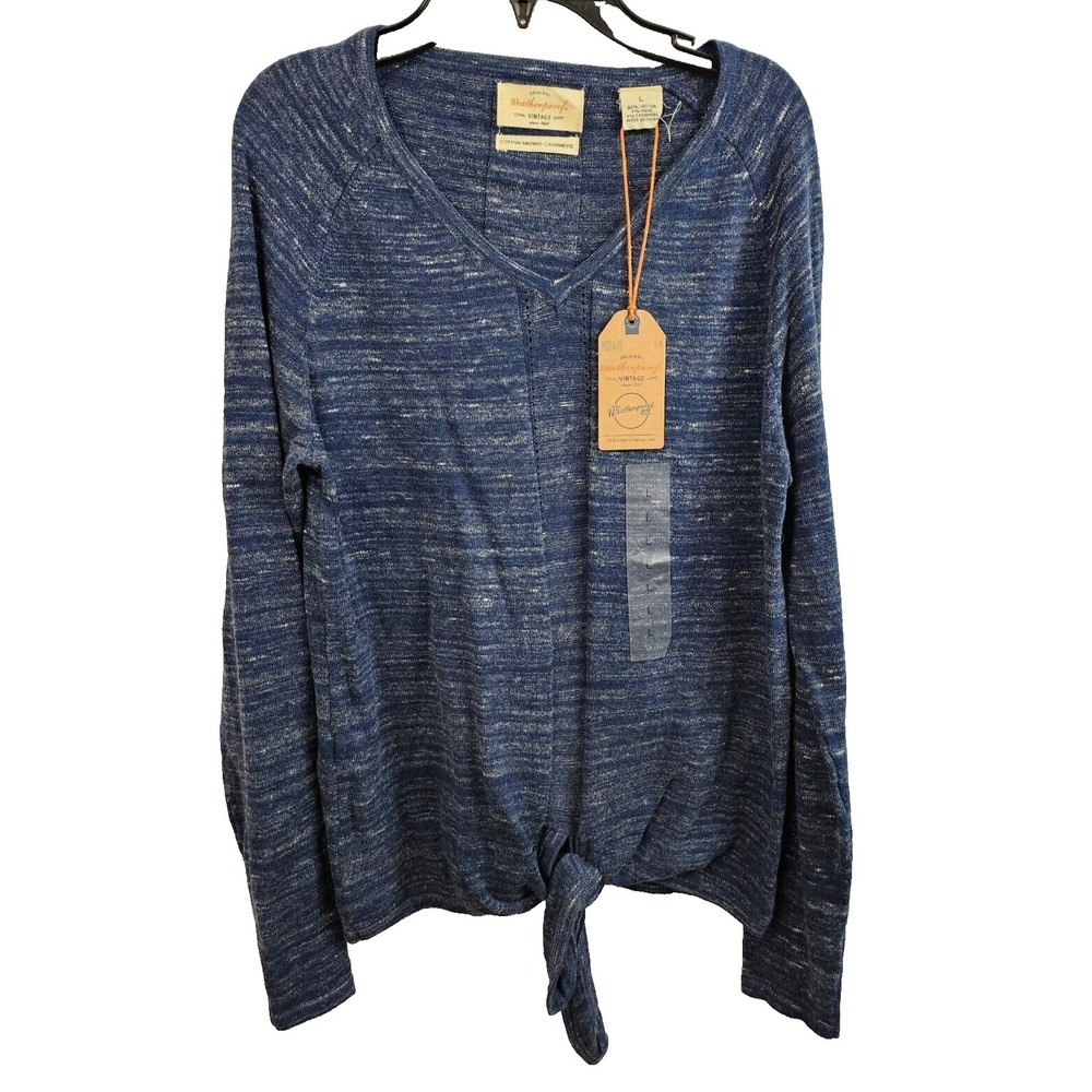 Weatherproof Womens Cotton Wool‎ Sweater Size Large Blue Heather Tie Hem V Neck